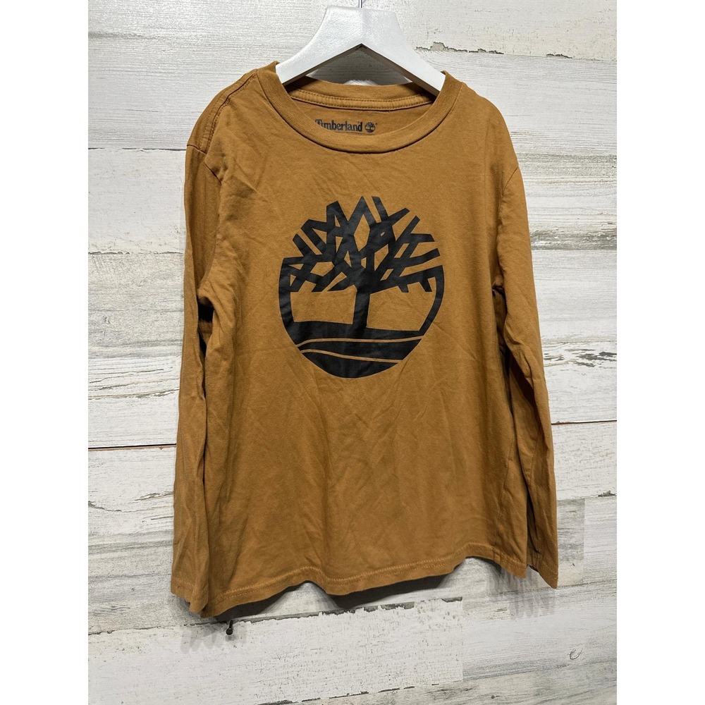Timberland Long Sleeve T-Shirt Boys Size 8 Wheat‎ Brown Graphic Logo EUC